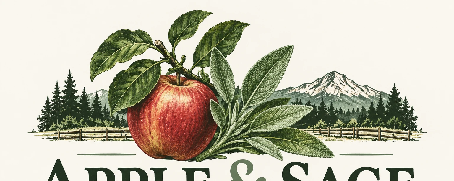 Apple, sage, evergreen forest and mountain illustration for Apple & Sage Farm & Gardens